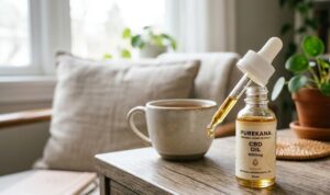 A collection of premium CBD wellness items including a tincture bottle, topical cream container, and an oil dropper displaying a clear Buy PureKana online layout