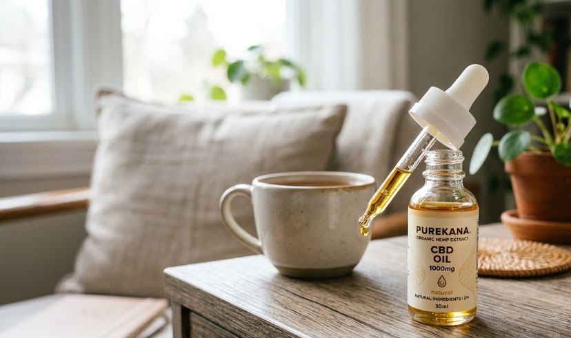 A collection of premium CBD wellness items including a tincture bottle, topical cream container, and an oil dropper displaying a clear Buy PureKana online layout