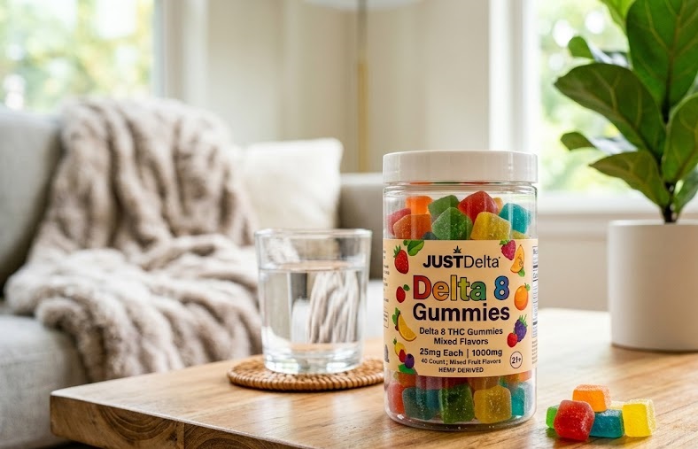 A colorful clear plastic jar filled with vibrant assorted fruit-flavored JustDelta Delta 8 Gummies candies