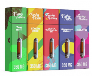 Authentic Funky Farms Vape Cartridge filled with clear golden broad spectrum oil.