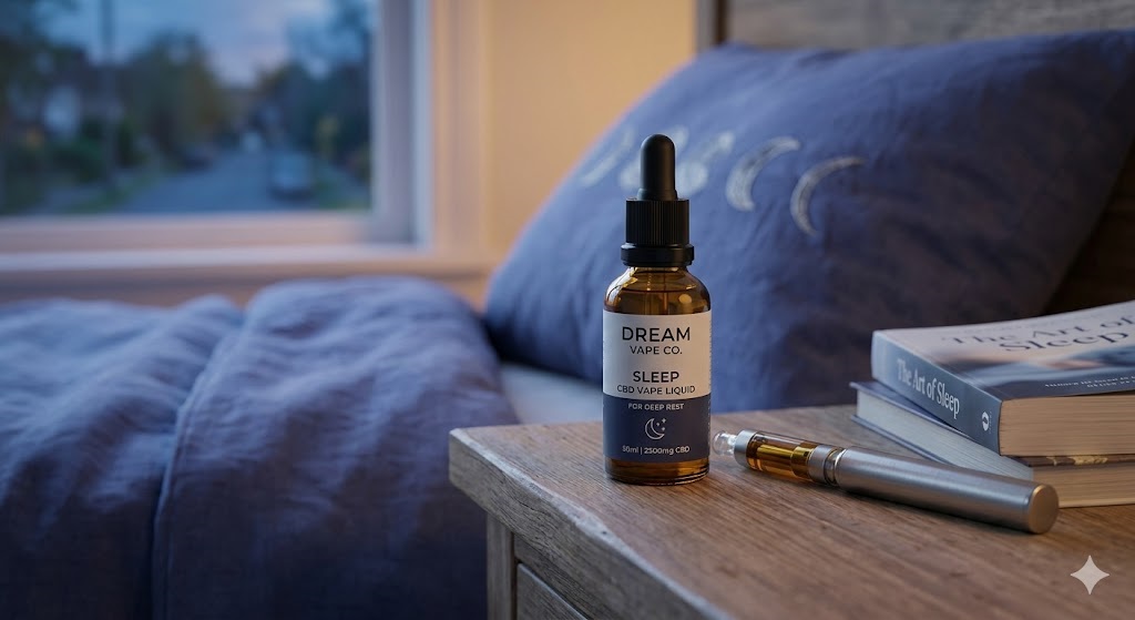 A bottle of CBD vape liquid for sleep on a wooden bedside table next to a vape pen