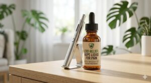 A sleek vape pen next to a dark glass bottle of CBD liquid labeled for pain relief on a white surface