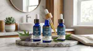A line of authentic Premium Jane CBD oil glass tincture bottles showcasing mint, citrus, and natural flavors on a marble countertop.