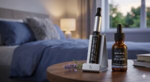 A sleek metallic CBD vape pen on a stand next to an amber glass dropper bottle on a wooden table