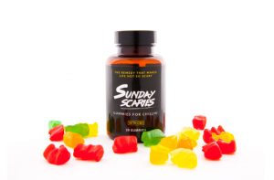A bottle of premium vitamin-infused Sunday Scaries gummies from Top THC Shop.