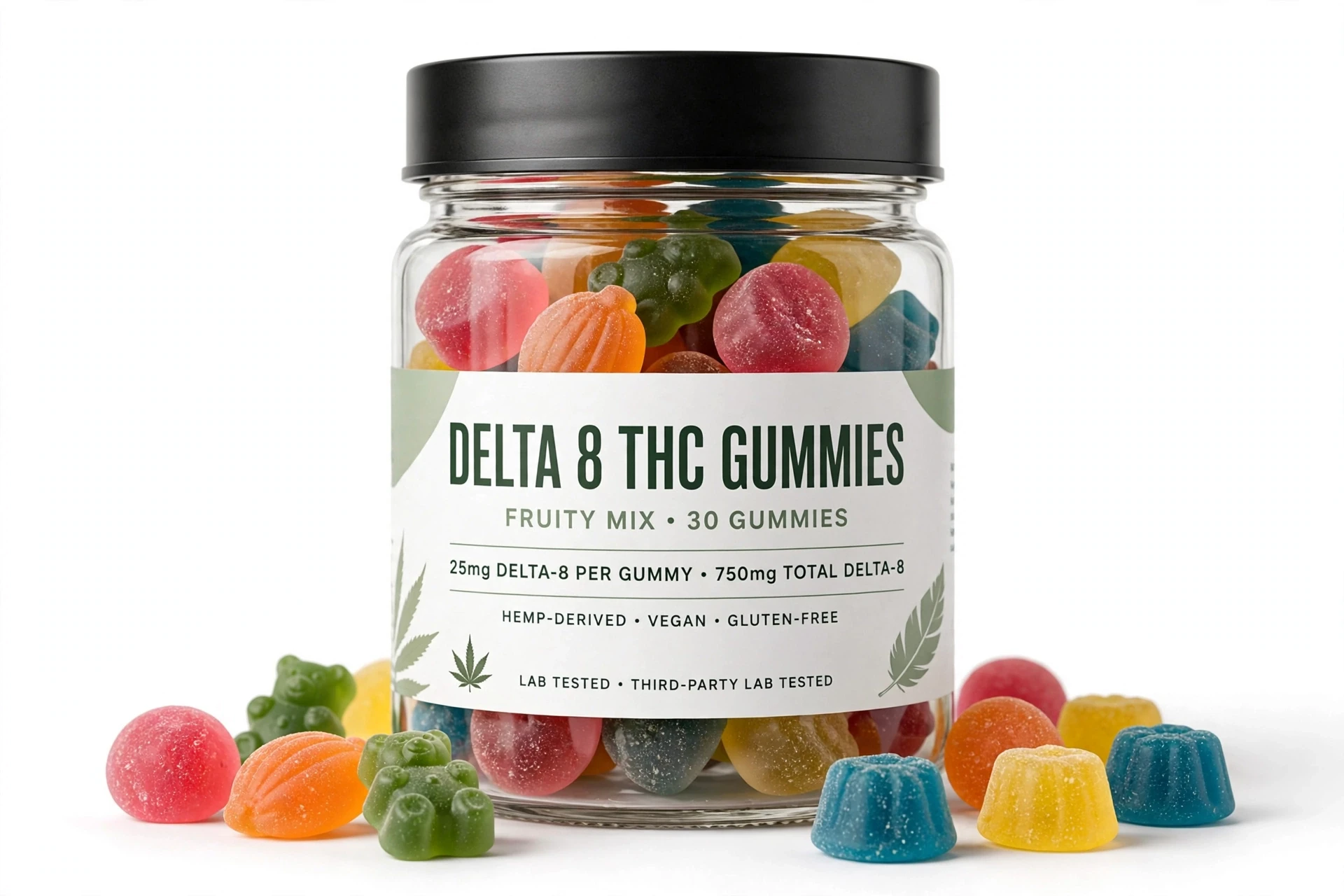 Clear glass jar of Delta 8 THC gummies fruity mix with 30 colorful vegan gummies, 25mg per gummy, 750mg total, hemp-derived and lab tested