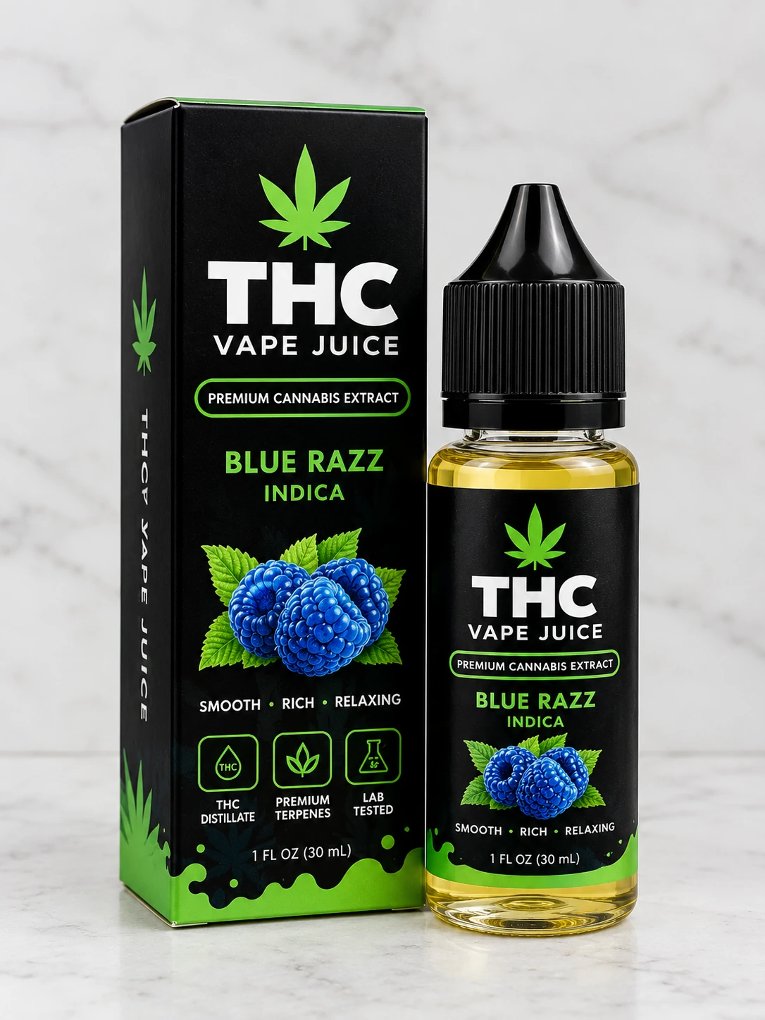Black THC vape juice bottle and matching black and green Blue Razz Indica packaging