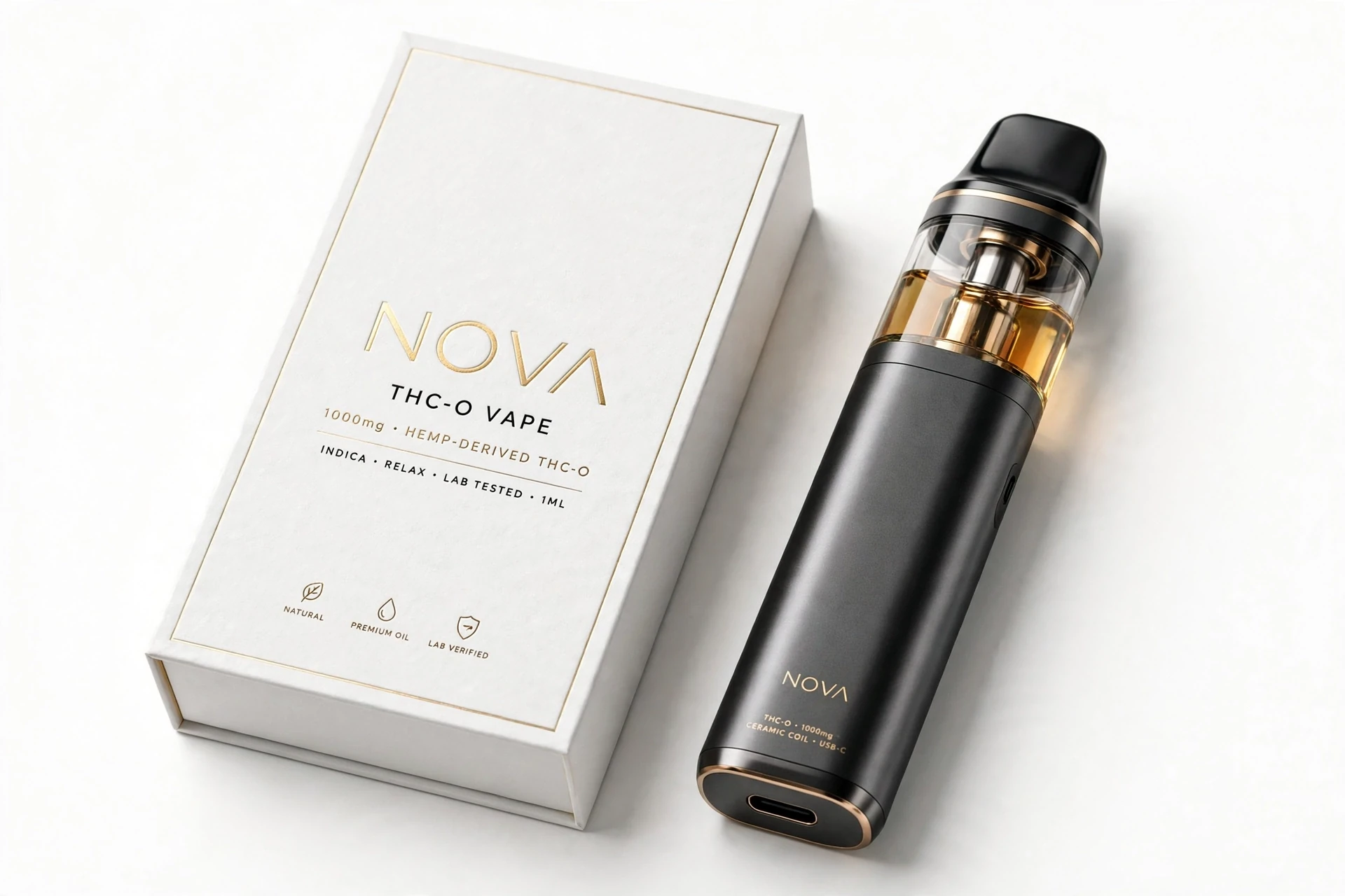 Premium thc-o vape device with hemp-derived THC-O oil, 1000mg ceramic coil and lab-tested packaging
