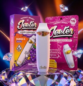 A close-up side view of an authentic jeeter all in one diamonds vape pen highlighting its matte finish and clear distillate view window.