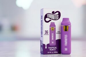 Genuine non-black pastel lavender 3g favorites disposable vape pen showcasing an illuminated logo next to its box.