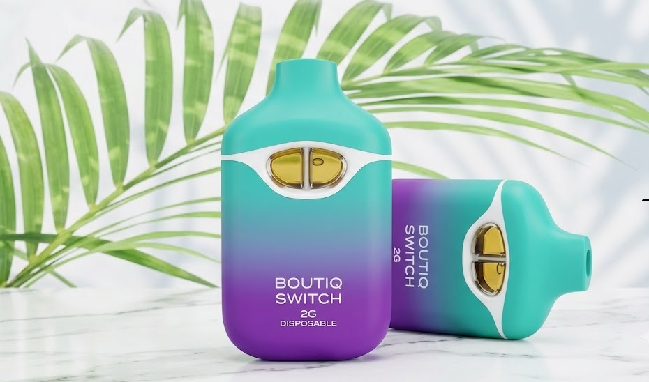 A sleek boutiq switch 2g disposable device featuring a dual-tank design containing premium liquid diamonds.
