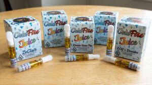 A close-up side view of an authentic coldfire juice carts 1-gram cartridge highlighting its clear oil profile and 510-thread connection.