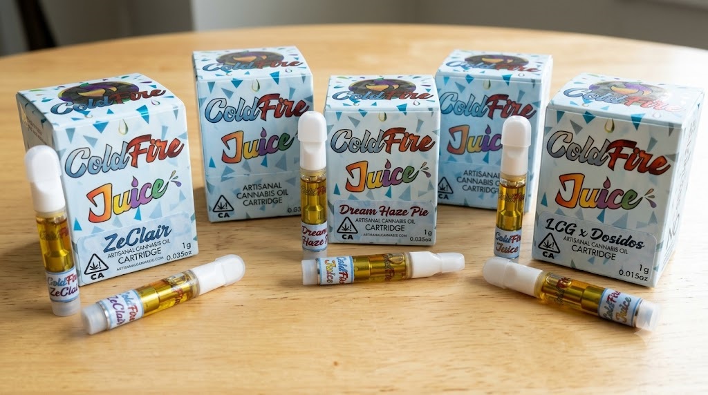 A close-up side view of an authentic coldfire juice carts 1-gram cartridge highlighting its clear oil profile and 510-thread connection.