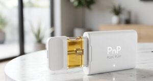 Premium white Plug n Play battery with a magnetic Plug n Play cart pod being inserted smoothly on a modern marble tabletop