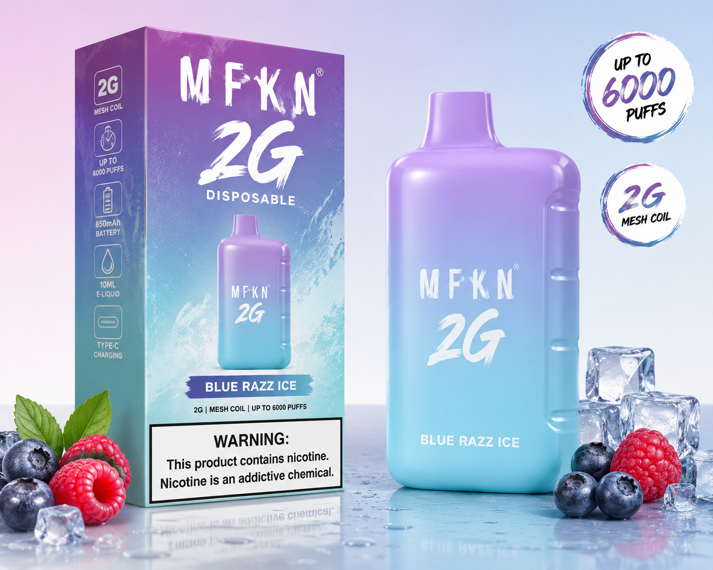 Authentic Mfkn 2g disposable vape pen showing a clear premium oil chamber window standing upright.
