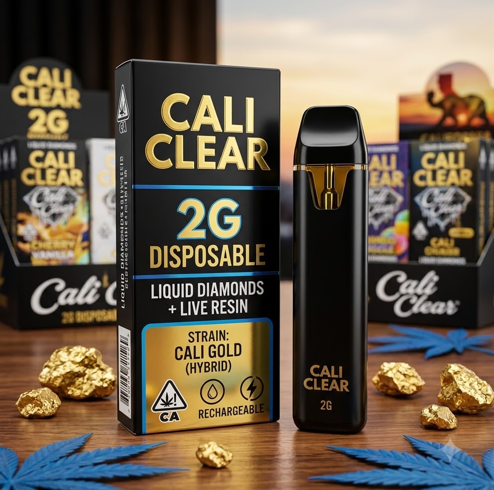 Labeled shot of a black cali clear 2g disposable vape pen showing clear oil inside the window.