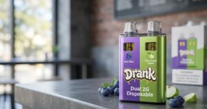 A highly detailed front view of a sealed drank dual 2g disposable dual-chamber vape resting on a sleek surface.