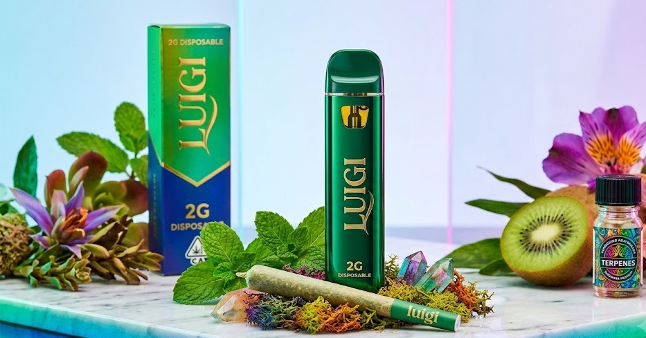 A sleek luigi 2g disposable vape pen resting next to a premium luigi 2g disposable with pre roll.