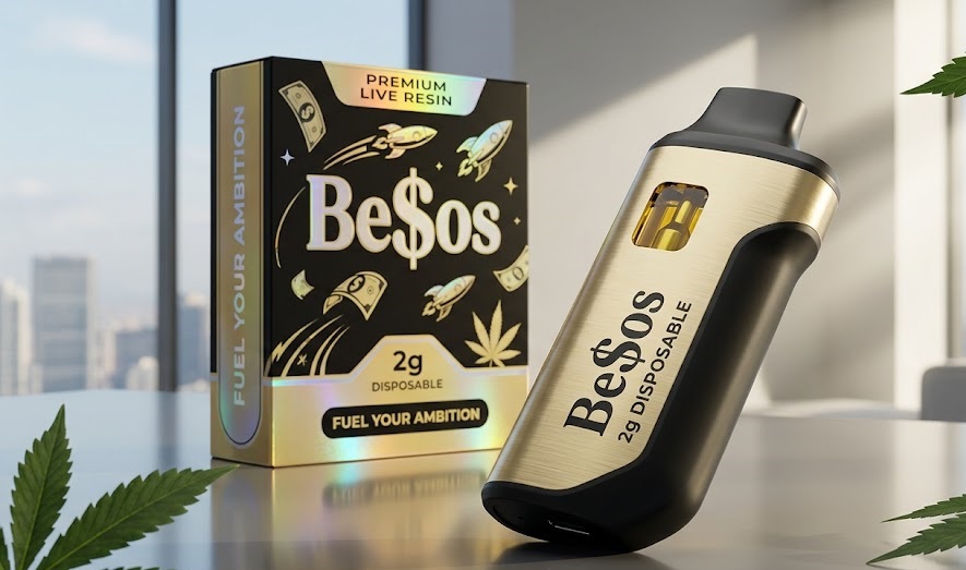 A premium black matte Be$os 2g disposable vape pen featuring gold signature kiss-mark brand graphics.