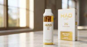 Premium white and gold Mad Labs 2G disposable vape pen displayed upright on a polished surface next to its official retail packaging box