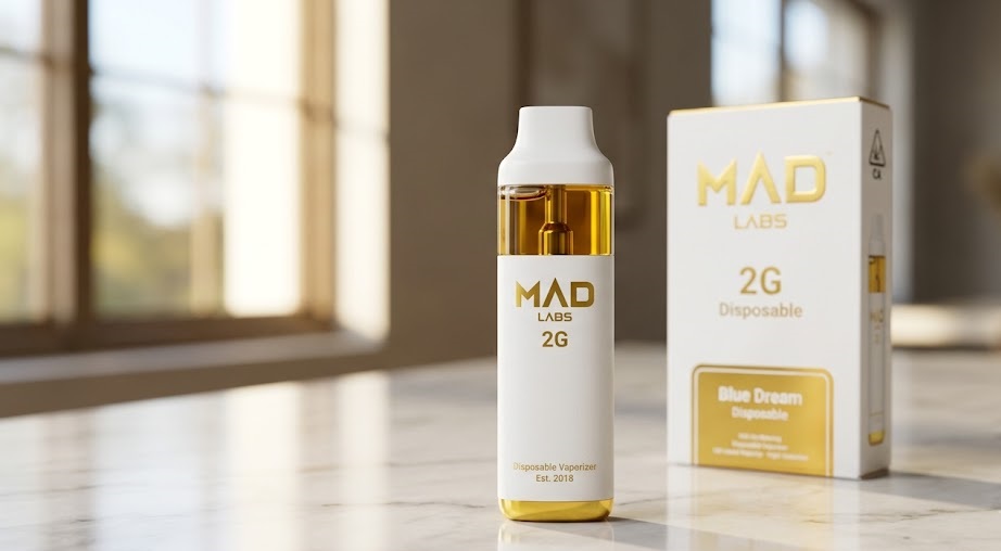 Premium white and gold Mad Labs 2G disposable vape pen displayed upright on a polished surface next to its official retail packaging box
