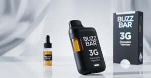 Sleek black Buzz Bar 3G disposable vape pen resting horizontally on a clean minimalist gradient backdrop