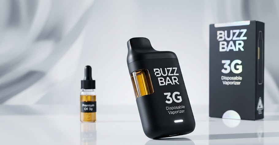 Sleek black Buzz Bar 3G disposable vape pen resting horizontally on a clean minimalist gradient backdrop