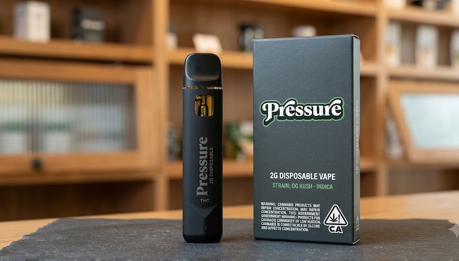 A close-up side view of an authentic pressure 2g disposable vape pen highlighting its sleek unibody finish and clear distillate view window.
