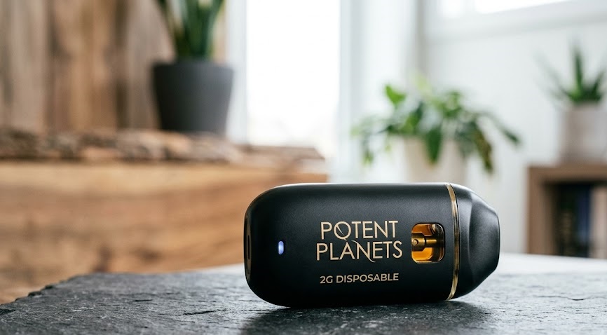 A close-up side view of an authentic Potent Planets 2g disposable vape pen resting on a dark slate background.