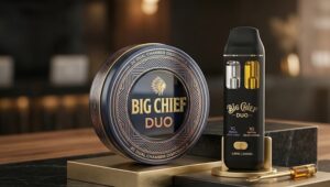 A premium matte-black big chief duo 2-gram disposable vape pen showcasing its distinct dual-strain window chambers.