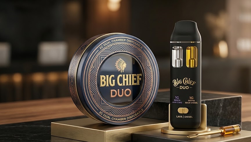 A premium matte-black big chief duo 2-gram disposable vape pen showcasing its distinct dual-strain window chambers.