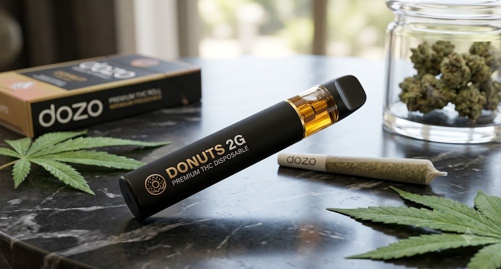 A sleek donuts 2g disposable vape device resting next to authentic dozo donut pre rolls.