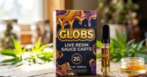 A close-up view of globs live resin sauce carts 2g packaging and ceramic vape hardware.