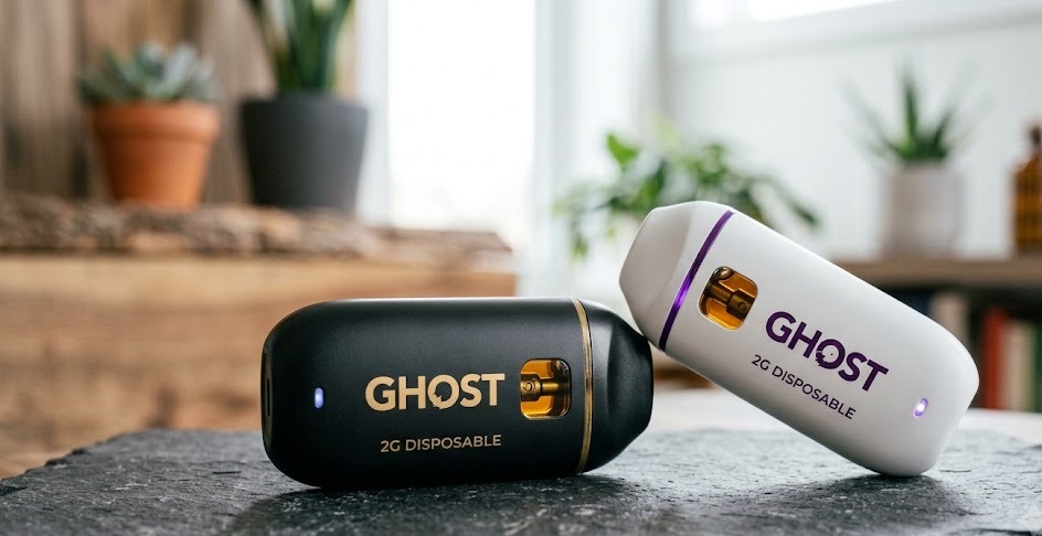 A close-up view of an authentic black ghost 2g disposable vape device highlighting its sleek body and clear oil window.