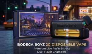 Authentic Bodega Boyz vape dual chamber 2g disposable packaging showing strain details on a clean surface.
