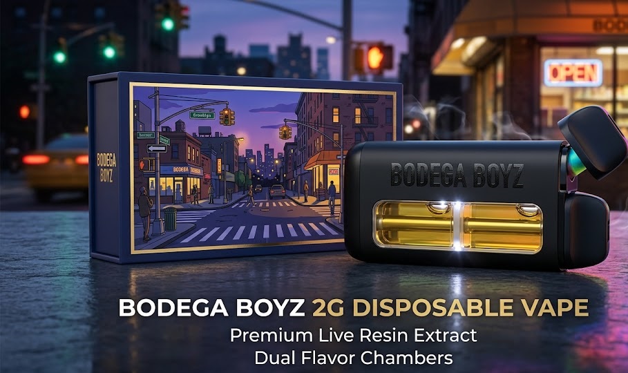 Authentic Bodega Boyz vape dual chamber 2g disposable packaging showing strain details on a clean surface.