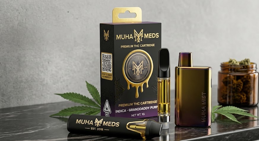 A genuine package of muha meds vape cartridge alongside a muha mist device.
