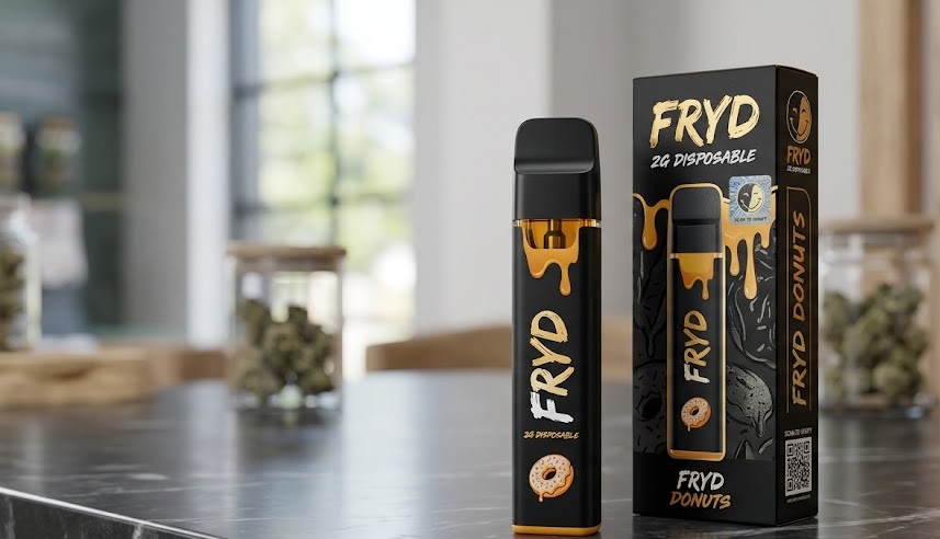 A sealed fryd 2g disposable vape pen featuring the fryd donuts 2g disposable flavor profile.