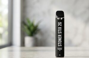 Premium black Stoner Stix 2G disposable vape pen displayed alongside its clean minimalist retail packaging