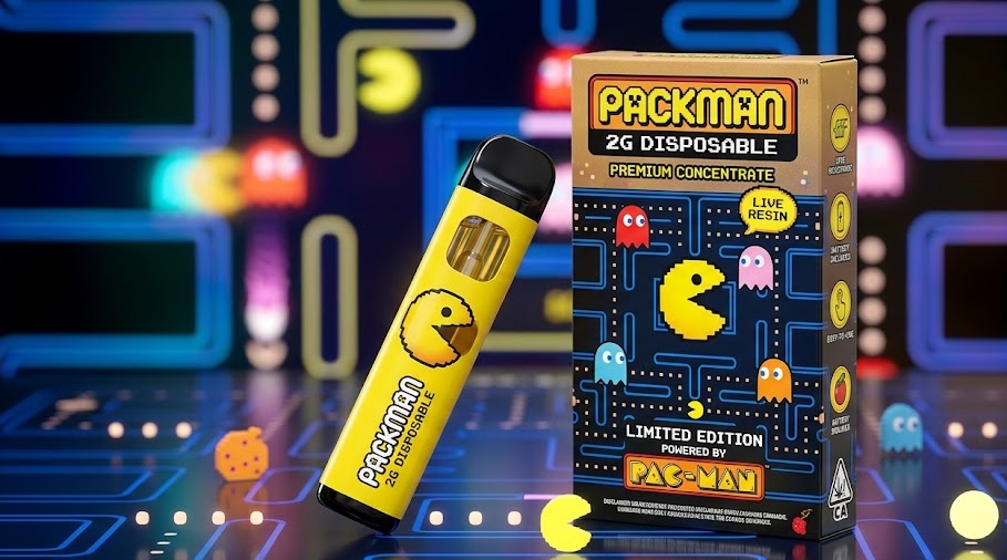 A close-up side view of an authentic packman 2g disposable vape pen highlighting its matte finish body and golden oil window.