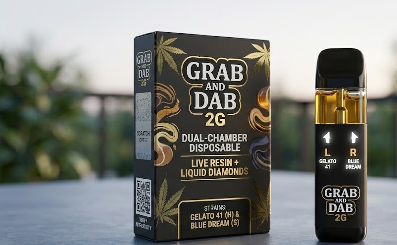 Authentic Grab and Dab 2g dual chamber disposable vape pen with clear golden distillate chambers.