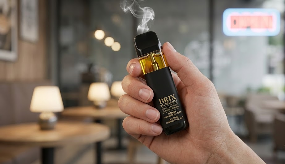Authentic Brix 2g disposable vape pen showcasing clean amber distillate oil on a marble surface.