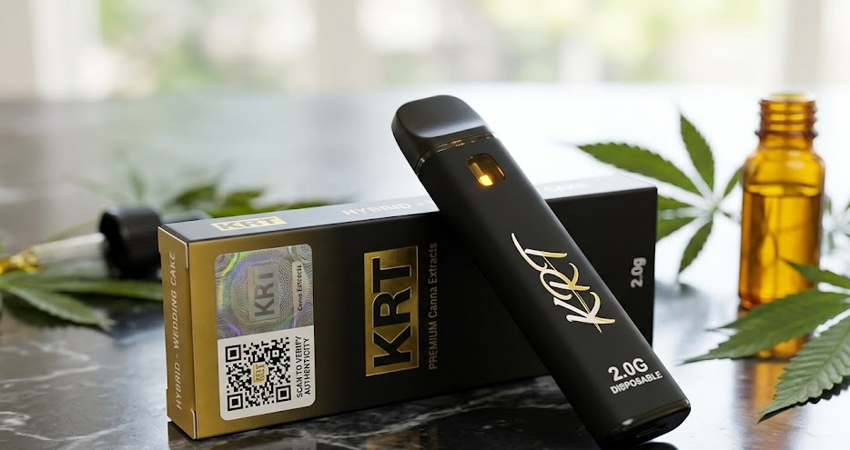 A verified krt 2g disposable vape pen resting beside its authentic retail packaging.