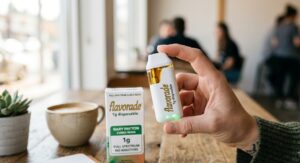 Authentic flavorade 1g carts disposable vape pen packaging and cartridge highlighting the full spectrum oil.