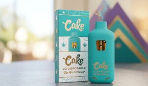 Authentic Cake 2g disposable vape pen showing a clear amber oil tank resting next to its retail box.